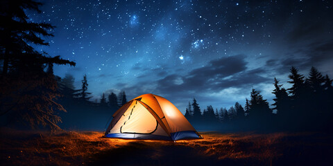 Illuminated tent in night forest Night Camping with Glowing Tent"