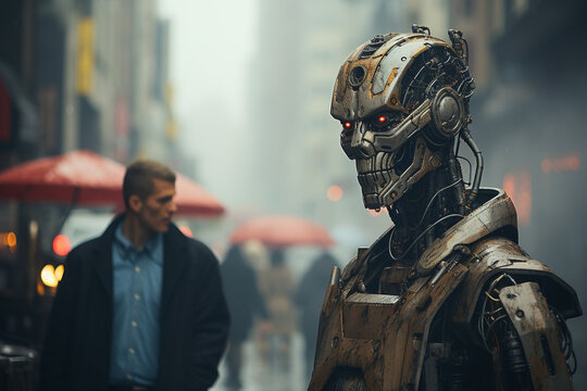 Futuristic iron robot men, humanoid on street.