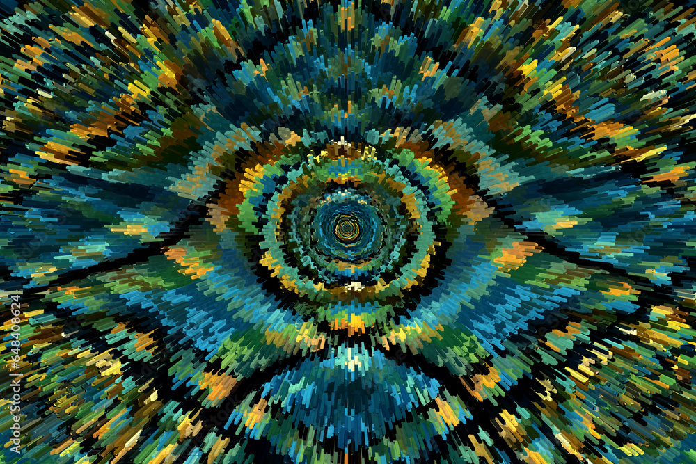 Poster exploding textured pattern in green blue yellow and black curved patter and overlapping layered desi