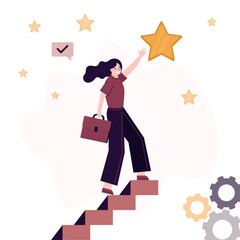 Smart confident businesswoman climbed up stair to top and take reward, grab star award. Success in business, career ladder, accomplishment or reaching business goal,