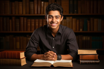 Indian college student sitting with many stock of books.