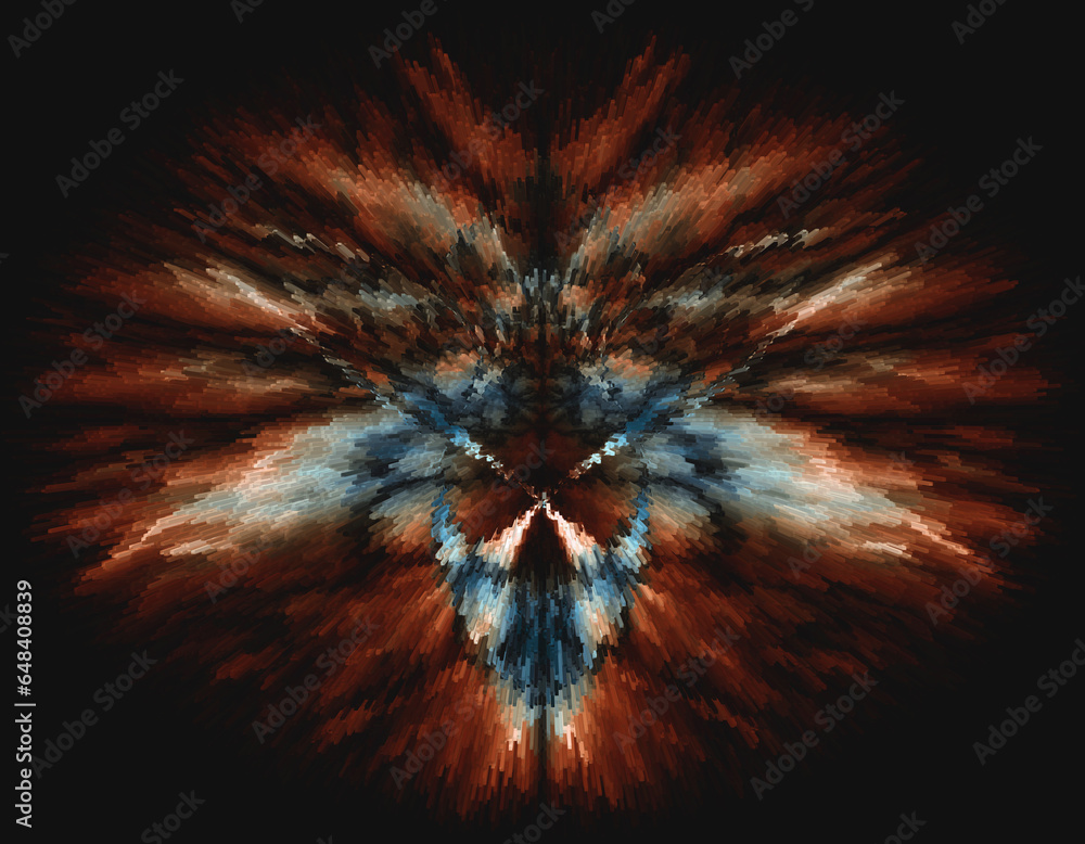 Poster gold and blue plasma in space on a black background distorted by patterned glass in exploding style