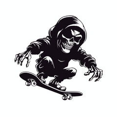 Skeleton Skater. Skeleton jumping on skateboard. Skateboarding character .skull .reaper .skate. black and white hand draw 