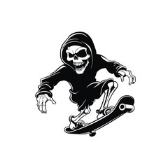 Skeleton Skater. Skeleton jumping on skateboard. Skateboarding character .skull .reaper .skate. black and white hand draw 