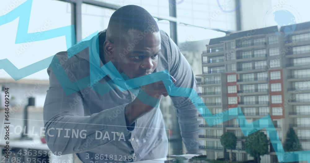 Poster graph and data processing over african american male architect studying building model