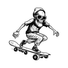 Skeleton Skater. Skeleton jumping on skateboard. Skateboarding character .skull .reaper .skate. black and white hand draw 