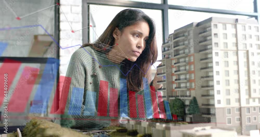 Poster data processing on graph over biracial female architect studying building model