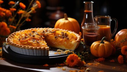 Pumpkin pie on a wooden table with pumpkins and flowers