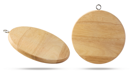 Set of two round wooden chopping boards with steel hook isolated on white background