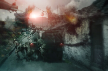Explosion, warzone and apocalypse with soldier on battlefield for military, nuclear missile launch...