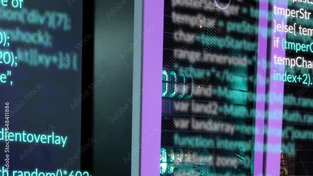 Poster animation of multicolored computer language over data server system in data server room