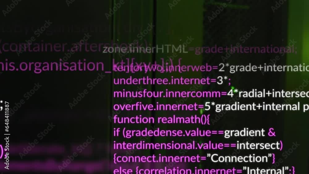 Poster animation of computer language over illuminated data server systems in server room