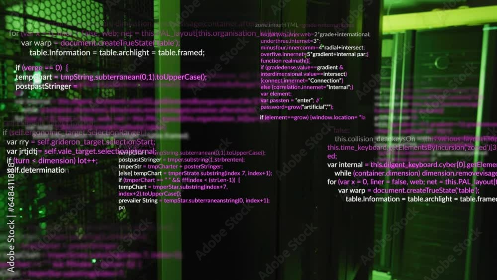 Poster animation of computer language over illuminated data server systems in server room