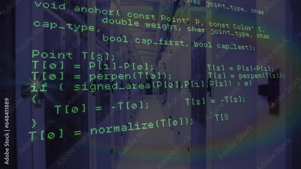 Poster animation of looping computer language over data server room in background
