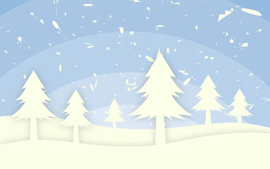 winter background with view of pine trees covered in snow falling from the sky