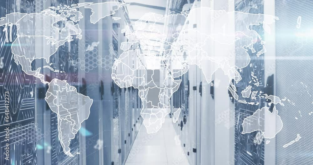 Aufkleber animation of map, numbers, symbols and map over circuit board pattern in data server racks