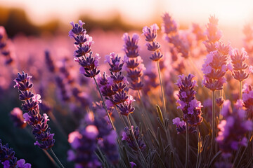 Blooming lavender flowers at sunset in Provence, France, Macro image, aesthetic look