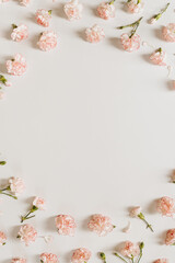 Fototapeta na wymiar Minimal floral styled concept. Pink carnation flowers on white background with copy space. Creative wedding invitation template. Flat lay, top view