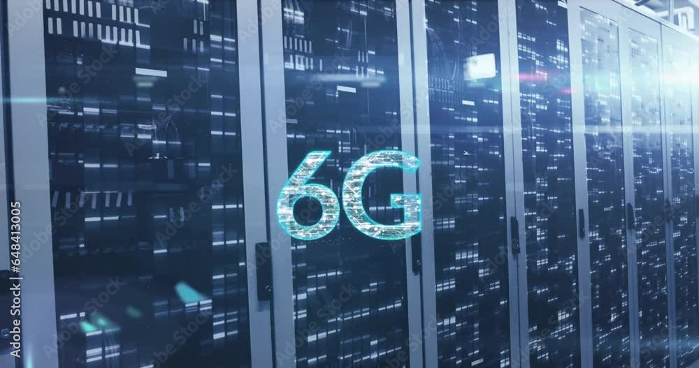 Poster Animation connected dots in 6g text with lens flares over bars on data server racks