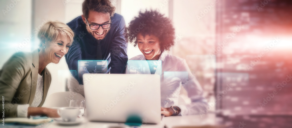 Fototapete Hologram, computer and teamwork by business people with networking for futuristic company growth and connection. Technology, software and team working on 3D digital worldwide development information