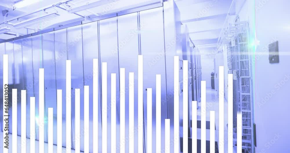 Poster animation of bar graph and lens flares over data server room