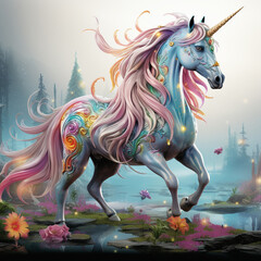 Multicolored Unicorn galloping. Dreem unicorn illustration.