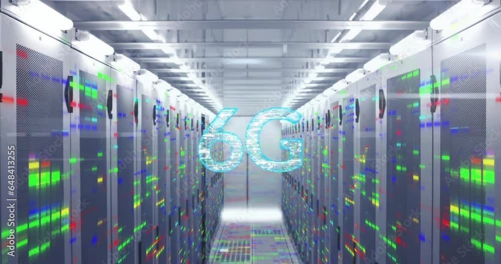 Poster Animation of connected dots in 6g text over bars on data server systems in server room