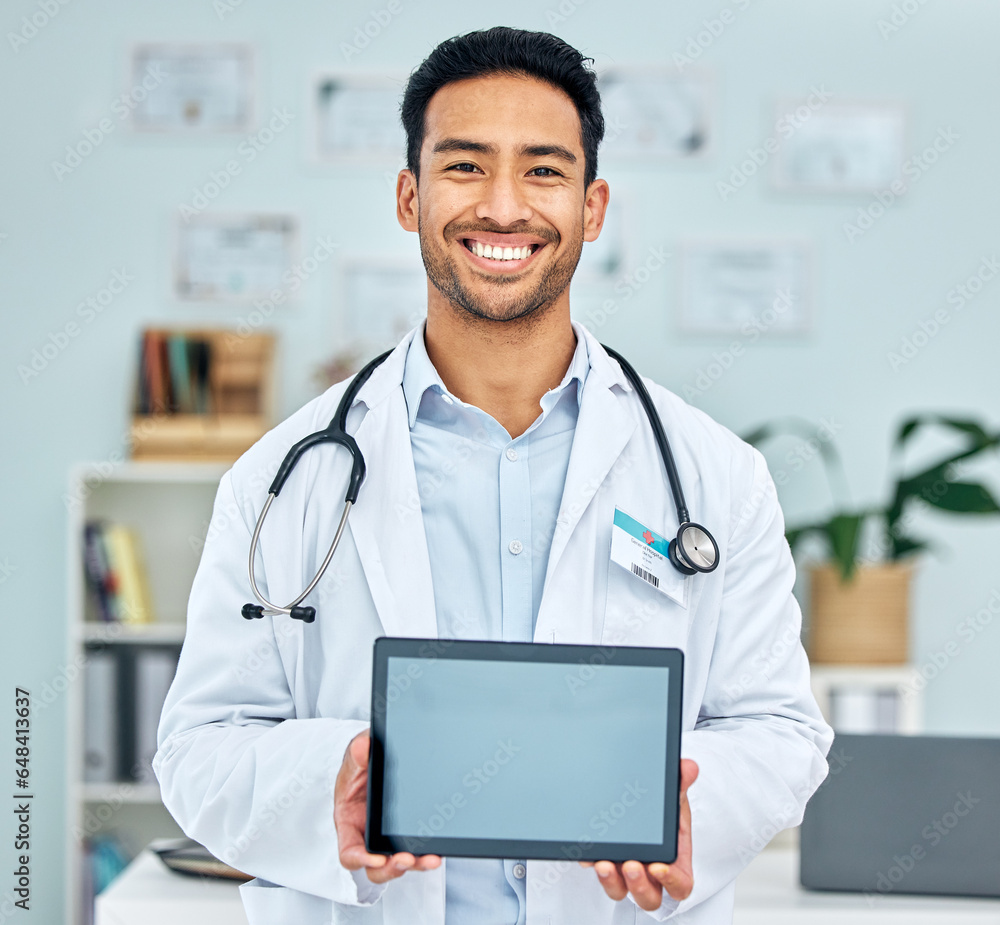 Sticker Portrait of doctor with tablet, screen and healthcare app in hospital office, online medicine mockup. Telehealth, man with smile and digital information on medical website, advice and help in clinic.