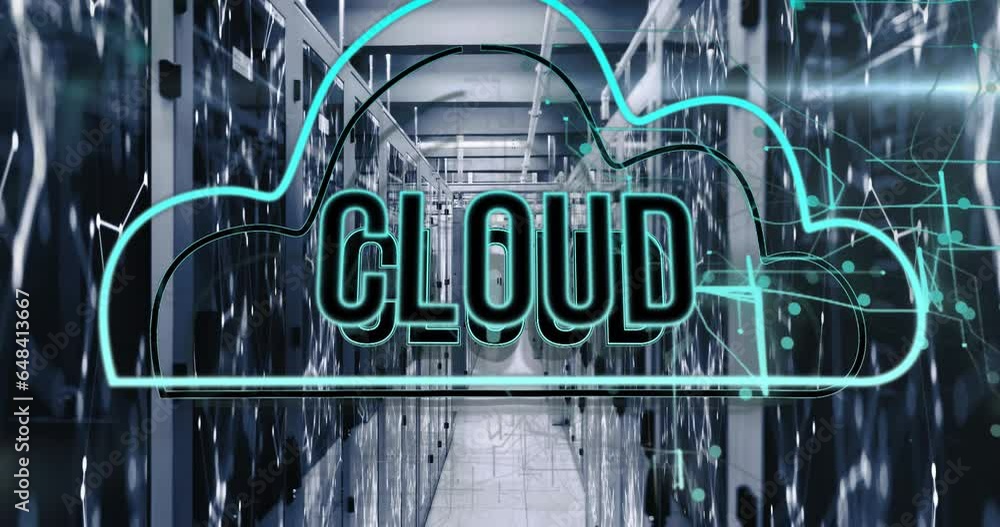 Poster animation of cloud text in cloud over connected dots on data server racks in server room