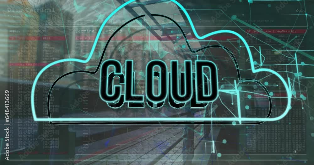 Poster Animation of cloud text in cloud and connected dots over modern buildings