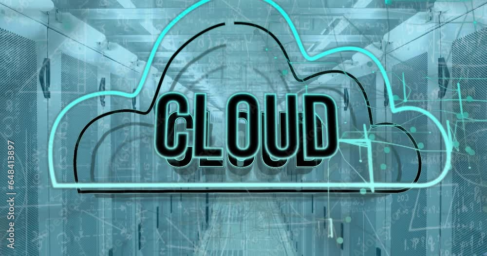 Poster animation of cloud text in cloud, mathematical equation and diagrams over server room
