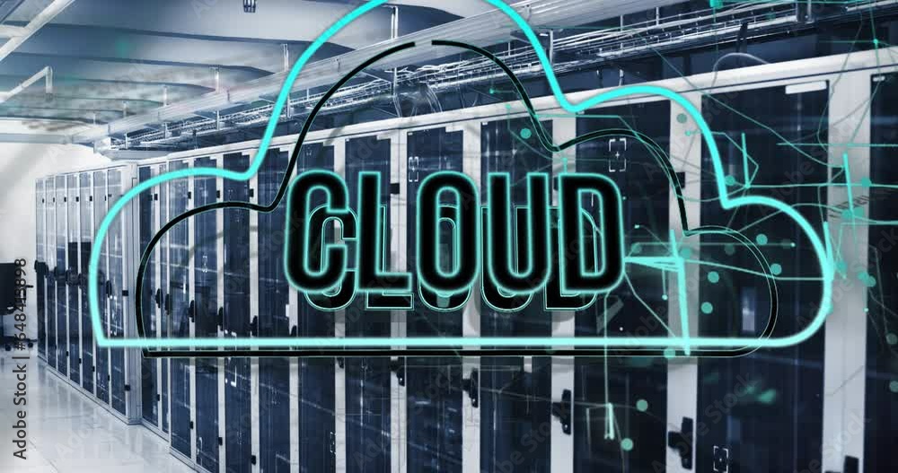 Poster animation of cloud text in cloud, computer language and navigation pattern over server room