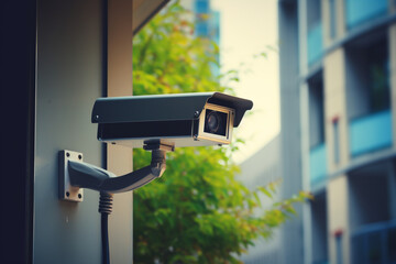 Black cctv outside the building, home security system, aesthetic look