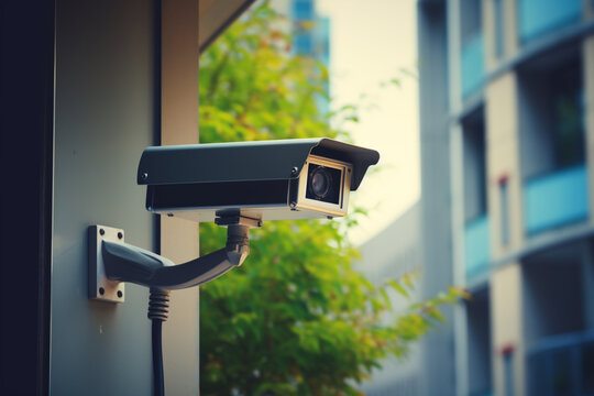 Black cctv outside the building, home security system, aesthetic look