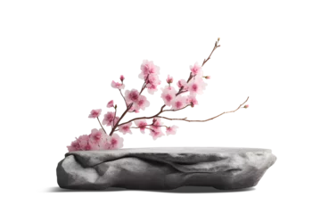 Fotobehang Japanese style architect stone podium cosmetics with Sakura flower branch background, For branding and product display presentation, 3d Empty minimal stage, isolated on white background, ai generate © Black Pig