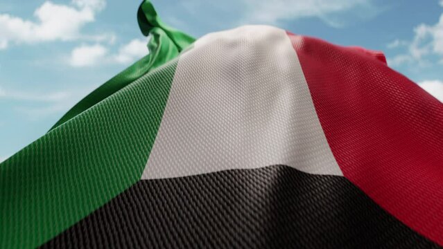 Wavy flag of Kuwait blowing in the wind in slow motion. Waving colorful Kuwaiti flag team symbol abstract vertical background. Blue sky with clouds. World countries flying flags concept