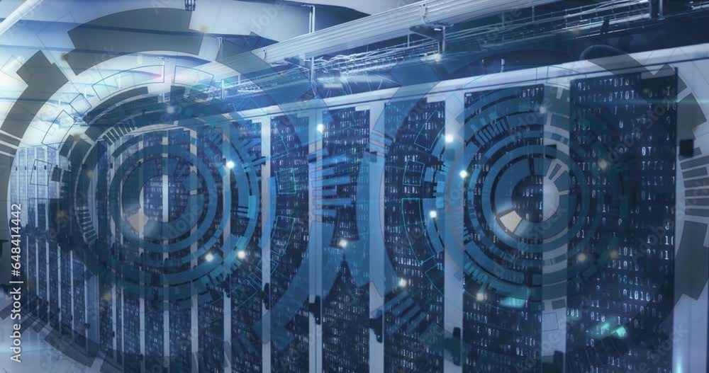 Poster animation of loading circles over binary codes on data server racks in server room