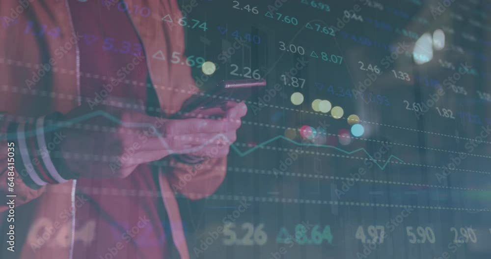 Aufkleber animation of graphs and trading board over midsection of caucasian man typing on cellphone
