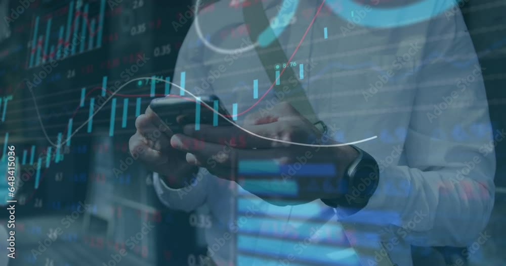 Poster animation of multiple graphs and trading board over midsection of caucasian man using cellphone