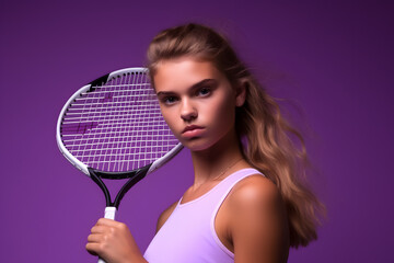 Colorful studio portrait of a fit athlete woman playing tennis, purple dominant color. Generative AI