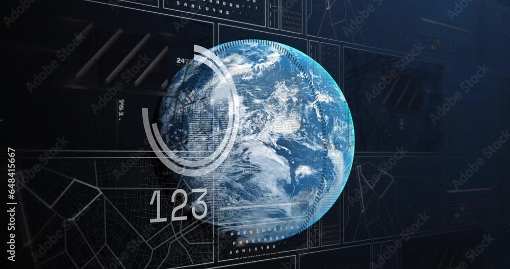 Poster animation of binary codes, changing numbers, loading circles and navigation pattern over globe