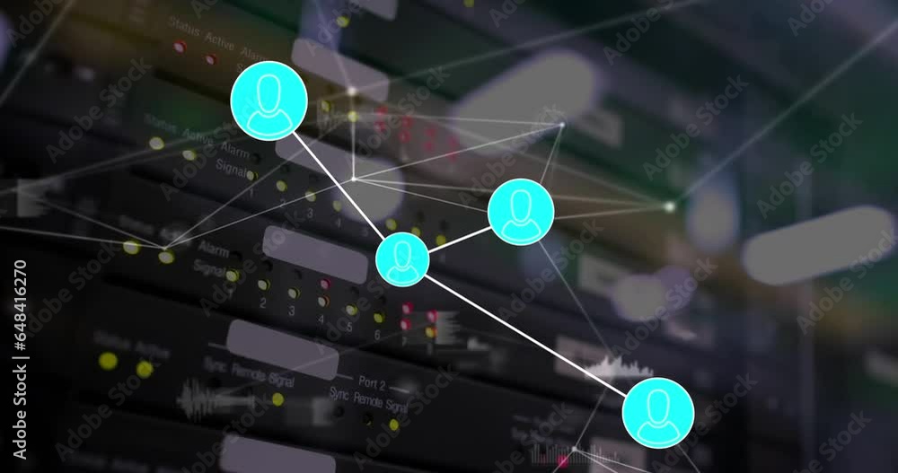 Poster animation of connected icons and dots with graph icons over equipment in background