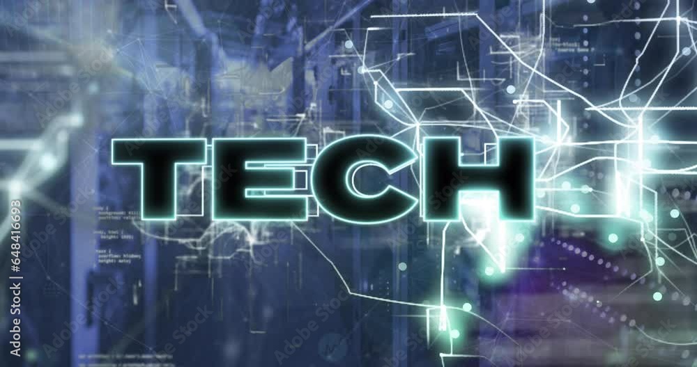 Poster animation of tech text with computer language and navigation pattern over server room