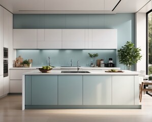 Fototapeta na wymiar Modern Minimalist Kitchen On Fresh Color Theme