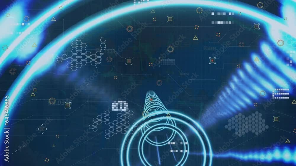 Poster animation of circular tunnel over geometric shape and circuit board pattern over black background