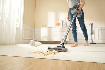 A woman is using a vacuum cleaner to clean a pet's room, dirty carpet and pet hair - obrazy, fototapety, plakaty