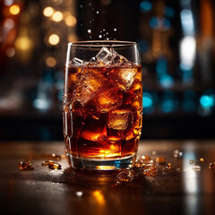 Alcoholic drink with ice cubes in a beautiful glass. Blurred background. Bokeh. Generative AI.
