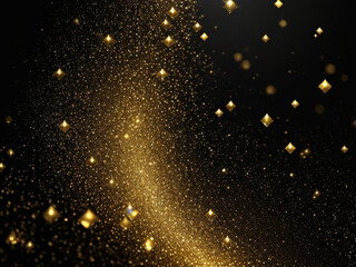 Scatterings of small gold sparkles on a black background. Generative AI.