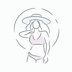 Outline stroke beautiful girl with straw hat enjoying sunbath at beach vector illustration.