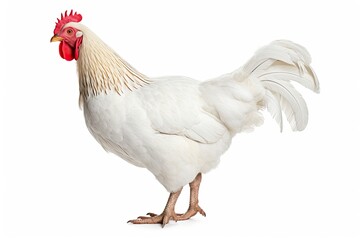 Fototapeta premium A white rooster with a red comb standing in front of a white background created with Generative AI technology